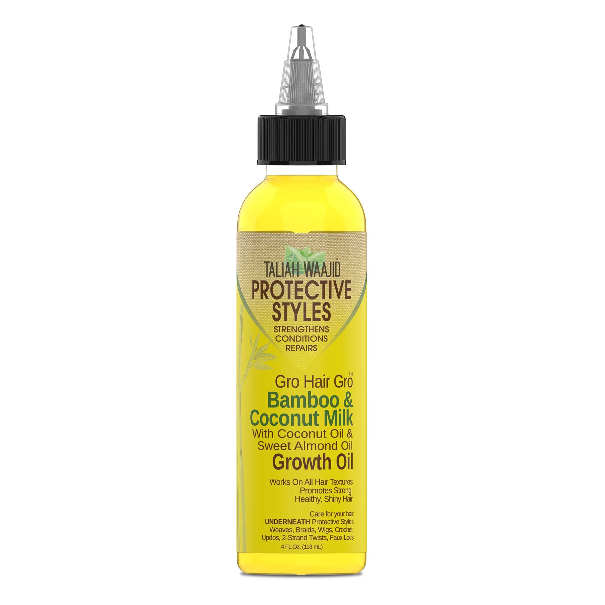 Taliah Waajid Hair Gro Bamboo Coconut Milk Oil texture close-up suggests fast-penetrating moisture
