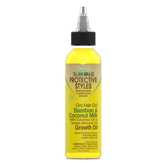 Taliah Waajid Hair Gro Bamboo Coconut Milk Oil texture close-up suggests fast-penetrating moisture
