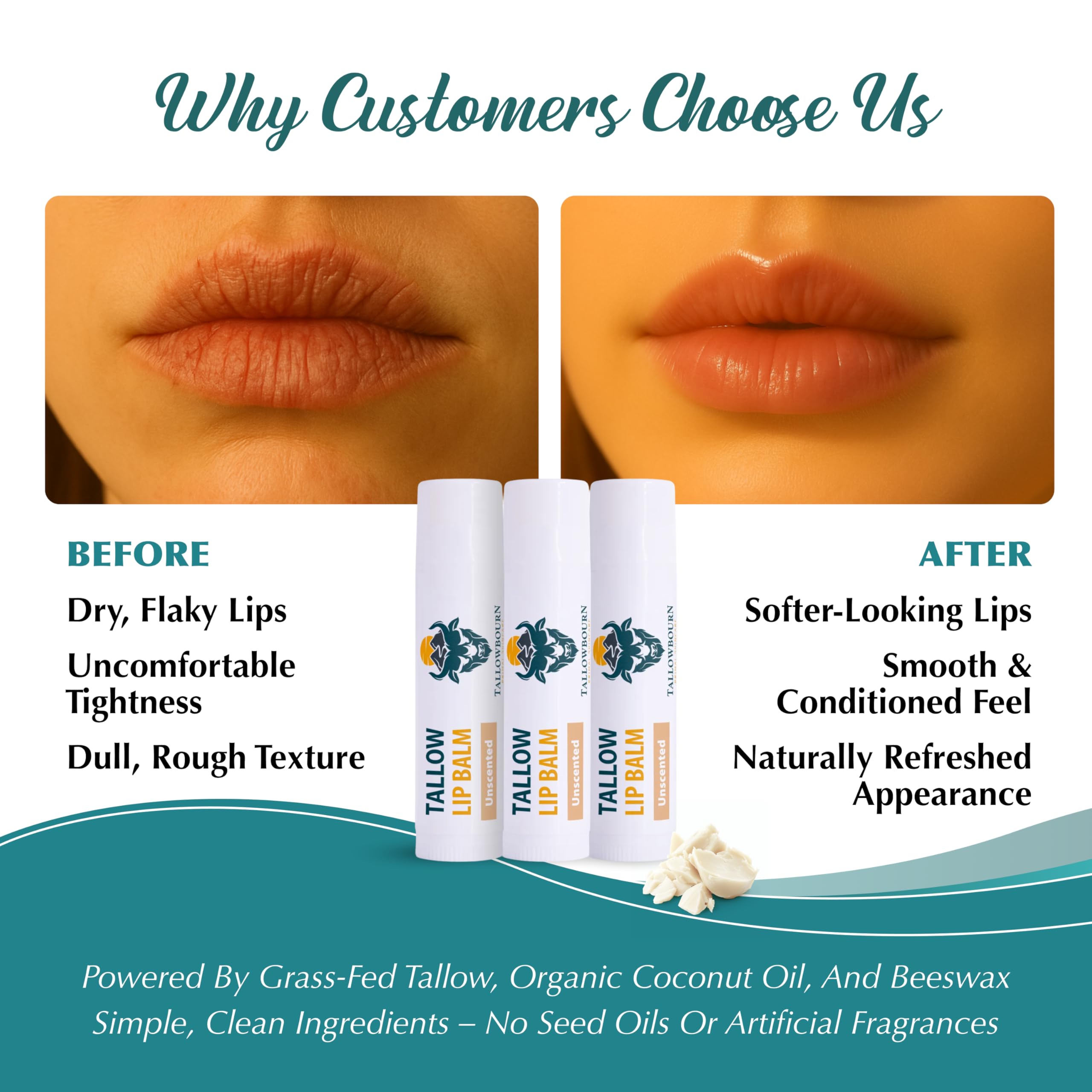 Tallowbourn lip balm with beeswax forms a protective barrier against wind and dryness