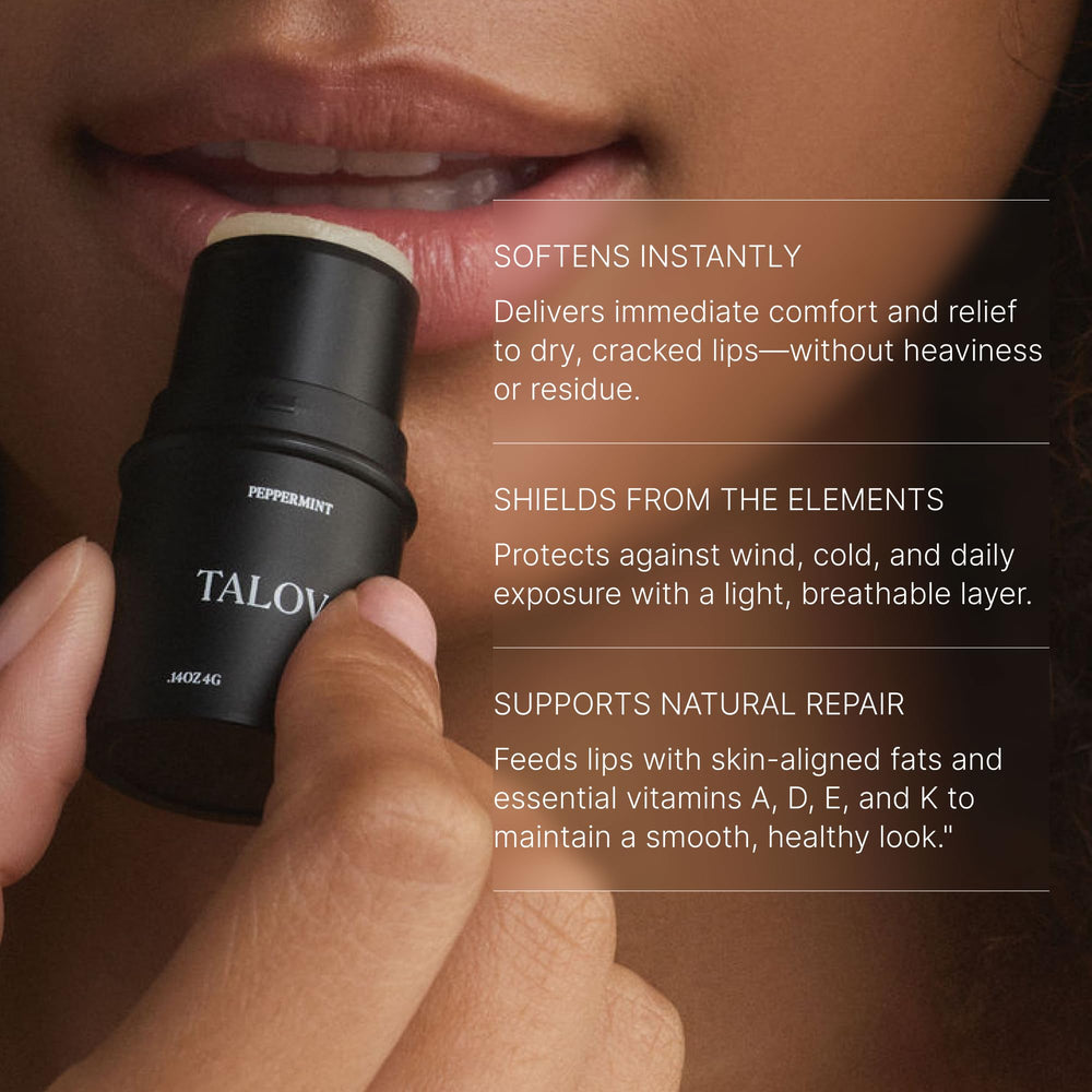 Talova lip balm packaging highlights clean, natural ingredients and simple care.
