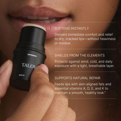 Talova lip balm packaging highlights clean, natural ingredients and simple care.