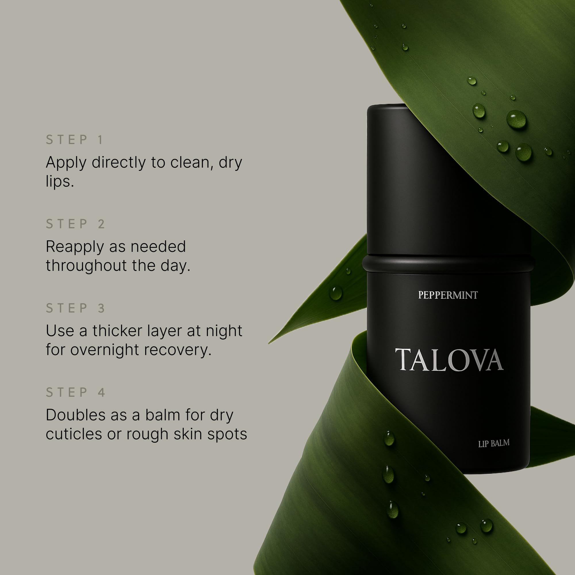Talova lip balm highlights vitamins A, D, E, K for nourished lips.