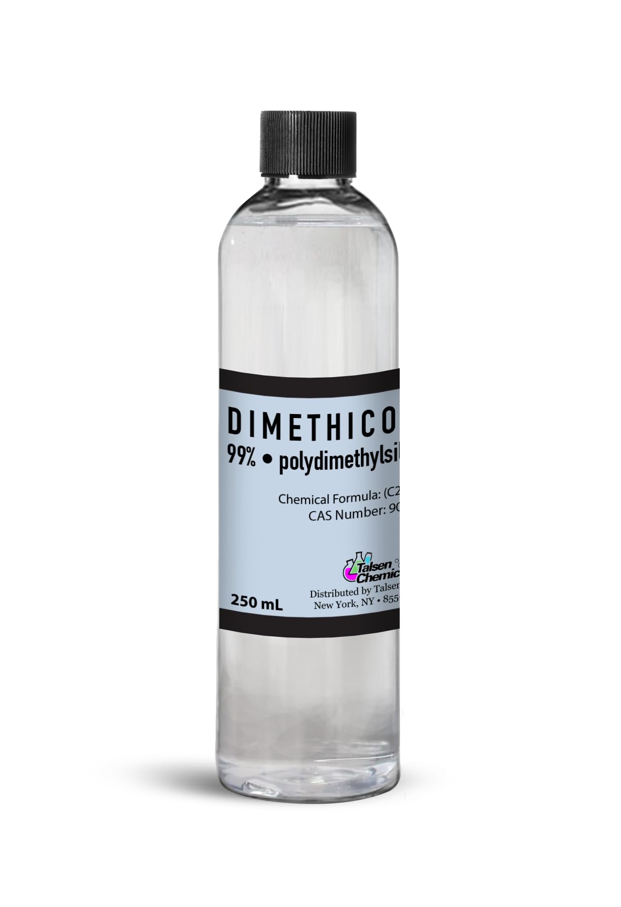 Talsen Chemicals Dimethicone Oil 250ml bottle close-up showing silky-skin feel.