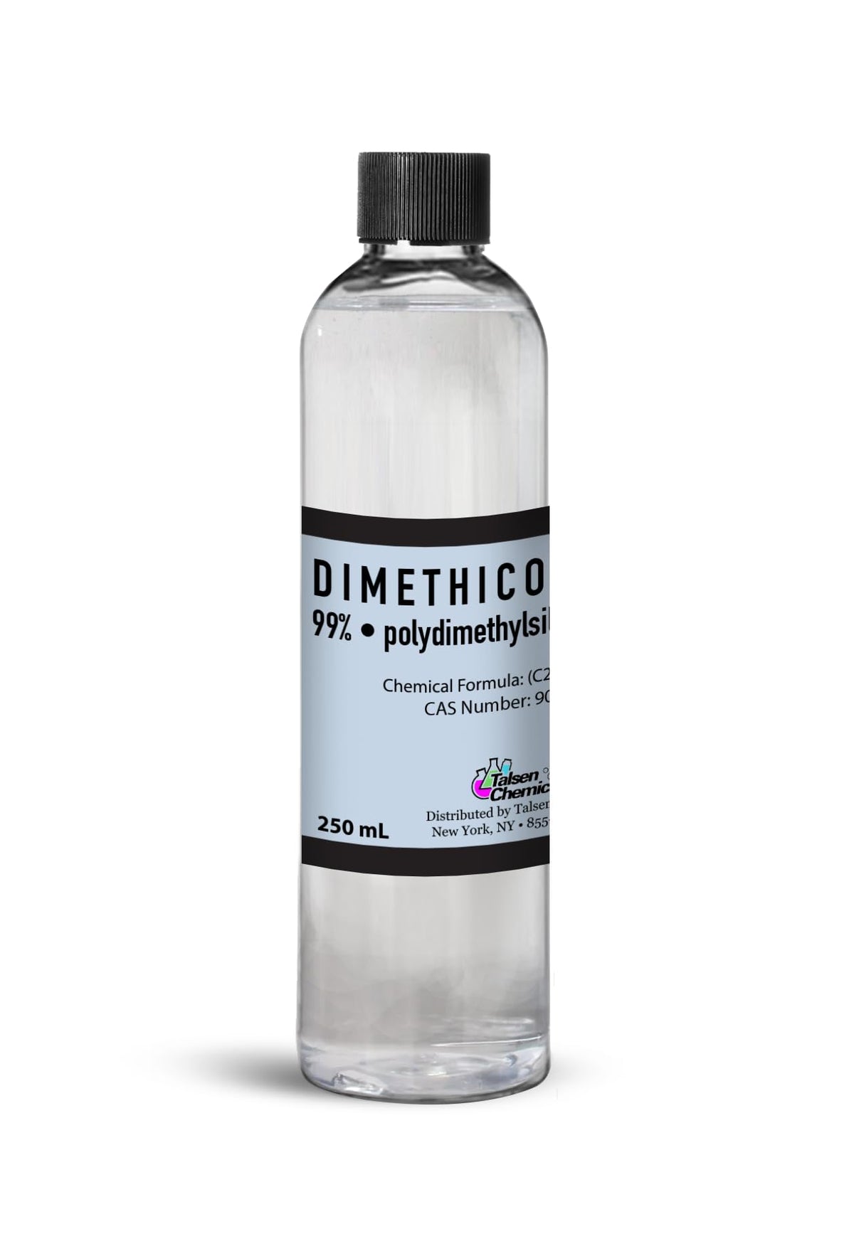 Talsen Chemicals Dimethicone Oil 250ml bottle close-up showing silky-skin feel.