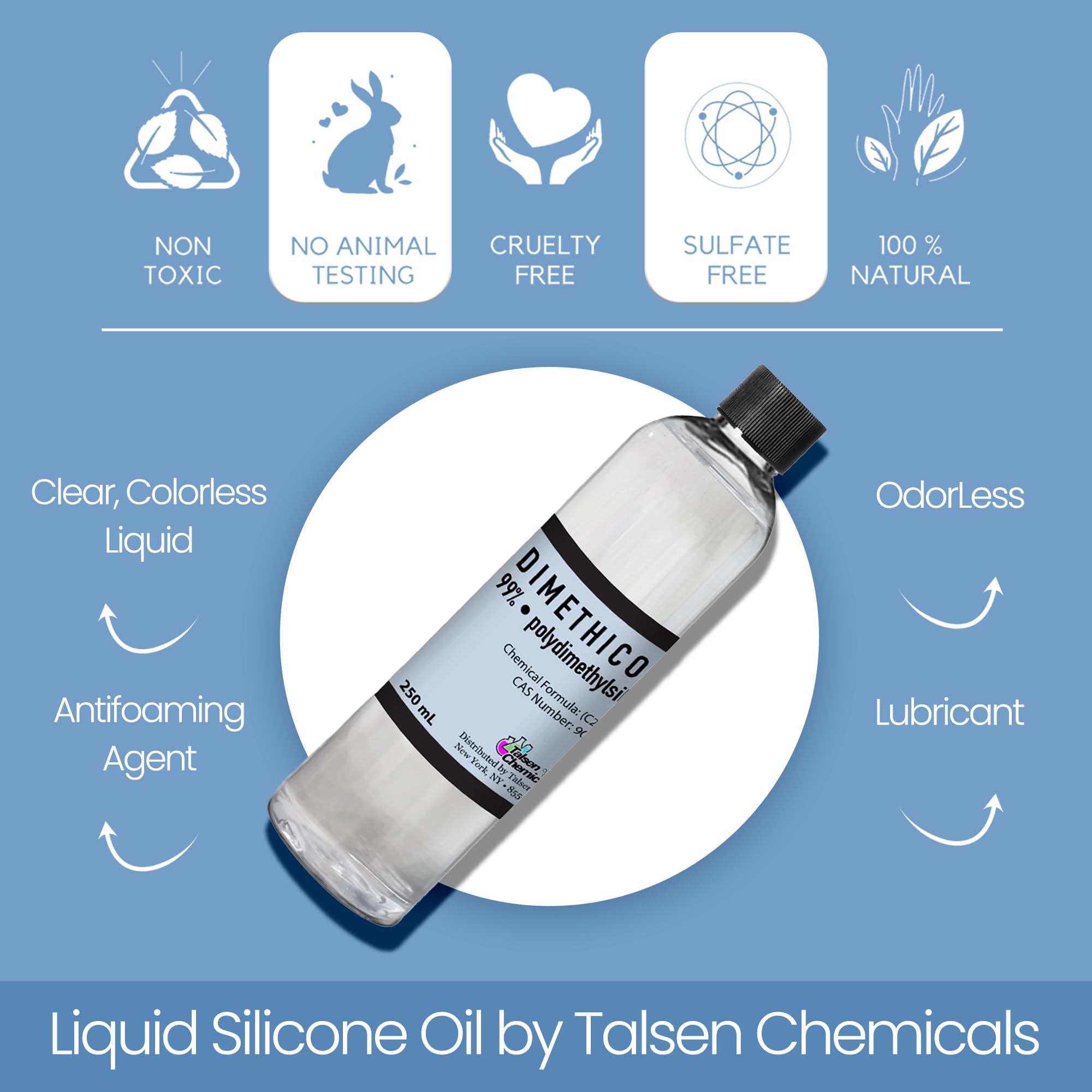 Talsen Chemicals Dimethicone Oil smooths rough skin and supports hydration.