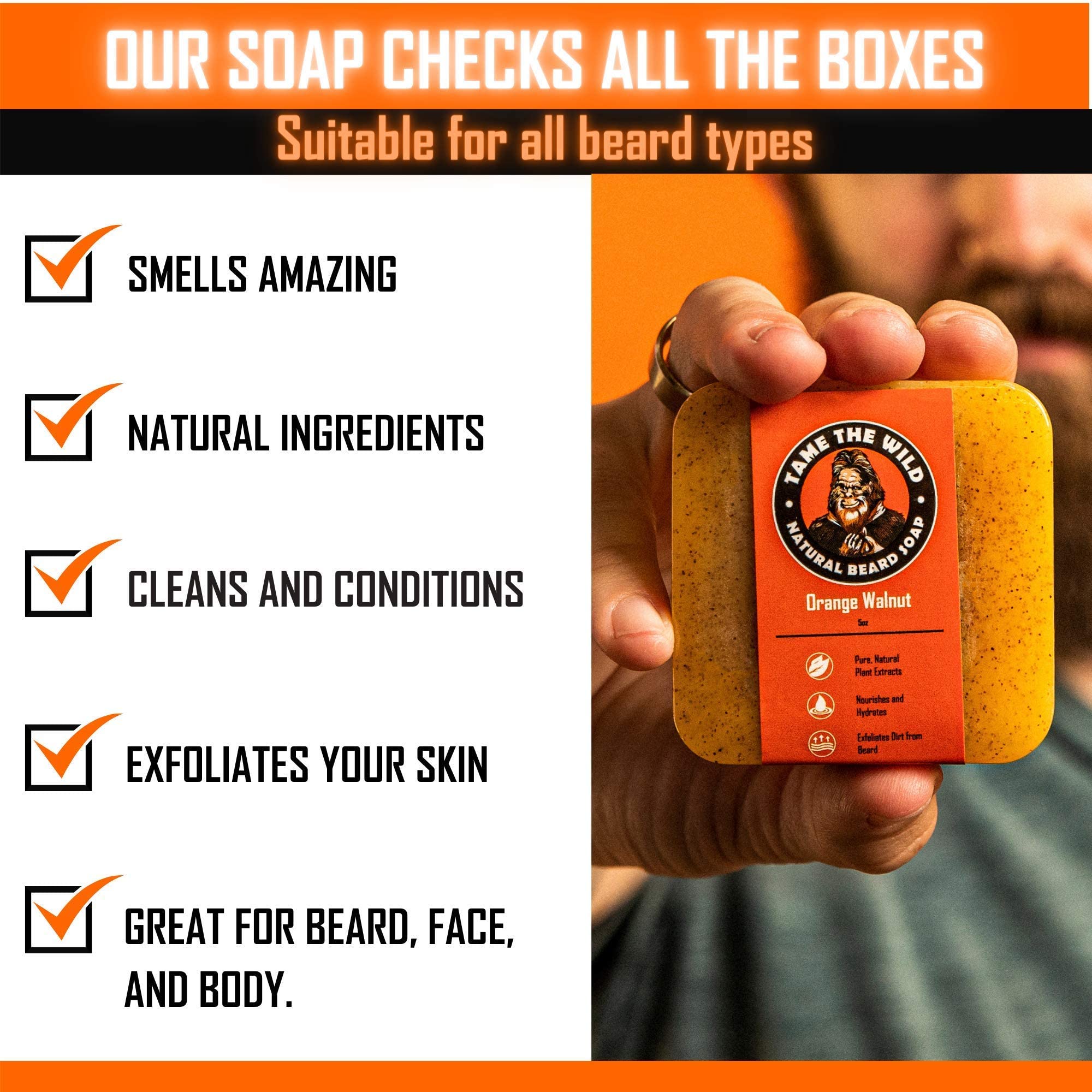 Tame The Wild beard wash bar in hand shows compact, travel-friendly design