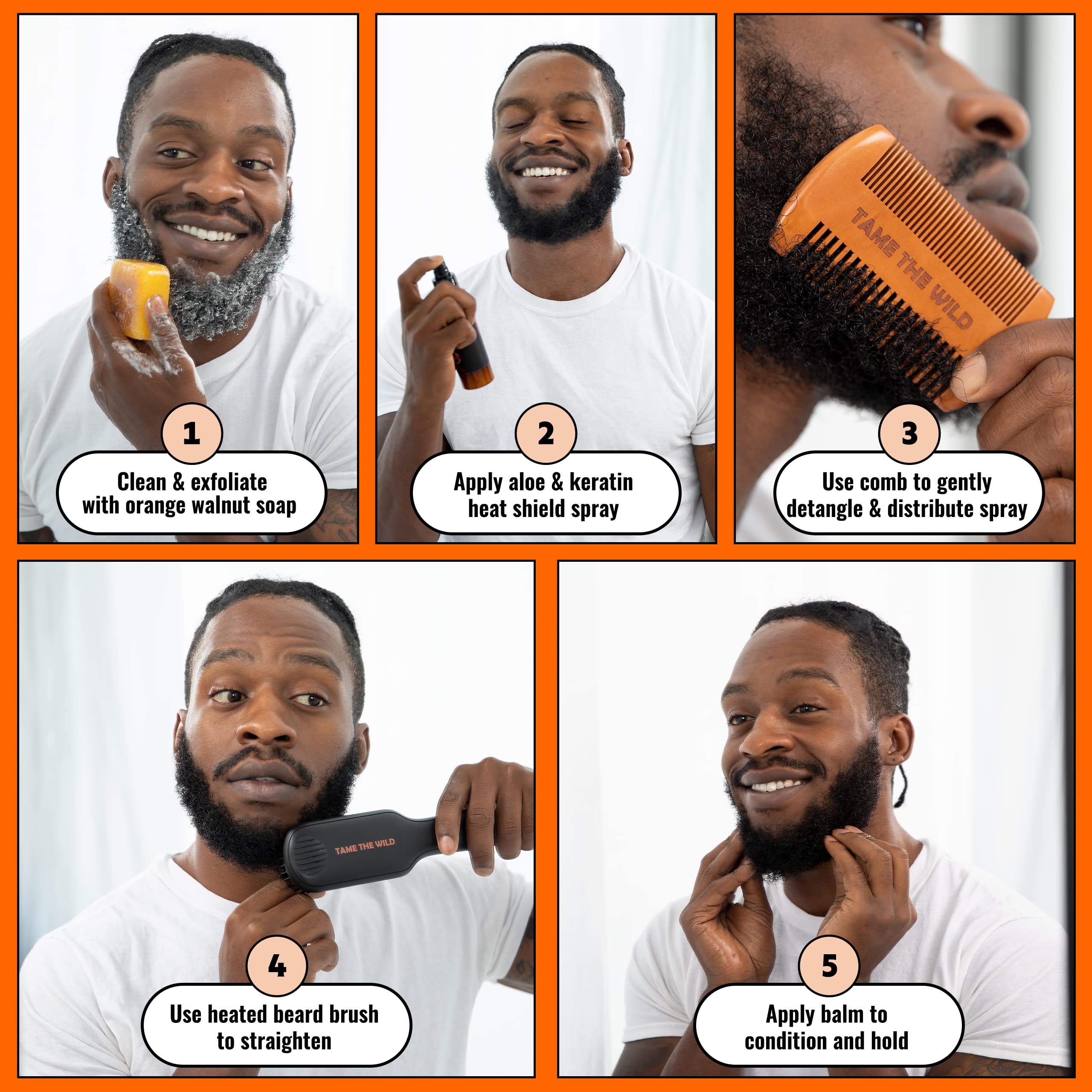 Tame The Wild Pro wooden comb detangles and smooths the beard.
