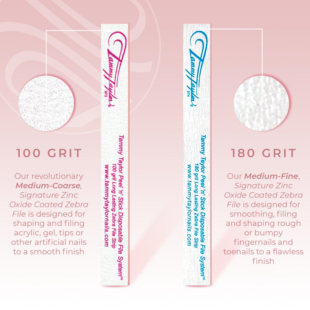 Tammy Taylor peelable abrasive strips shown along nail edge for quick filing.