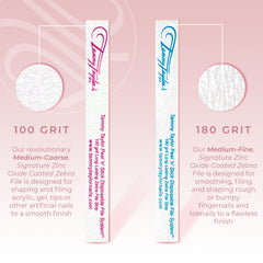 Tammy Taylor peelable abrasive strips shown along nail edge for quick filing.