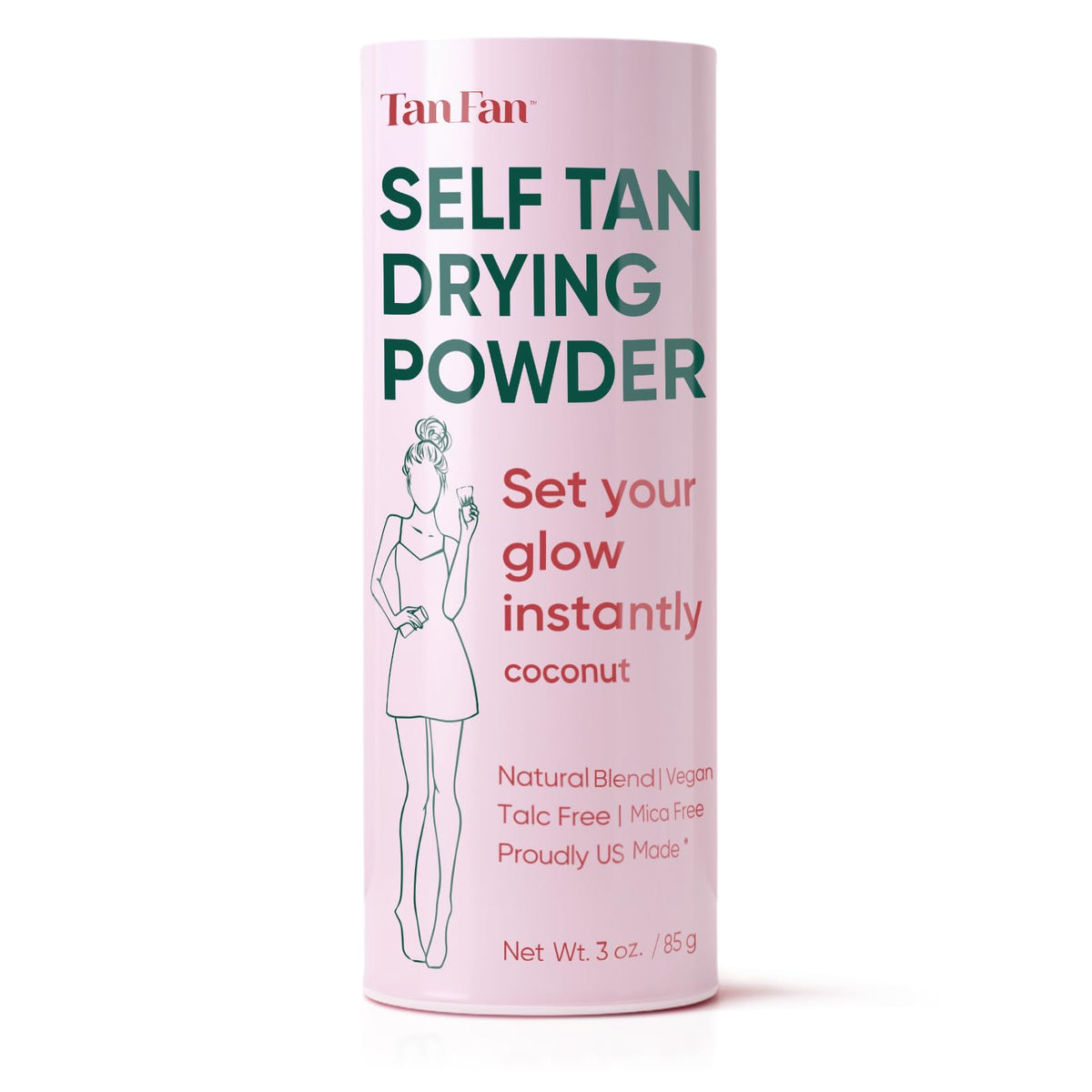 Tan Fan self-tan drying powder bottle for post-tan setting and transfer-proof finish.