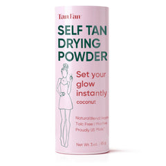 Tan Fan self-tan drying powder bottle for post-tan setting and transfer-proof finish.