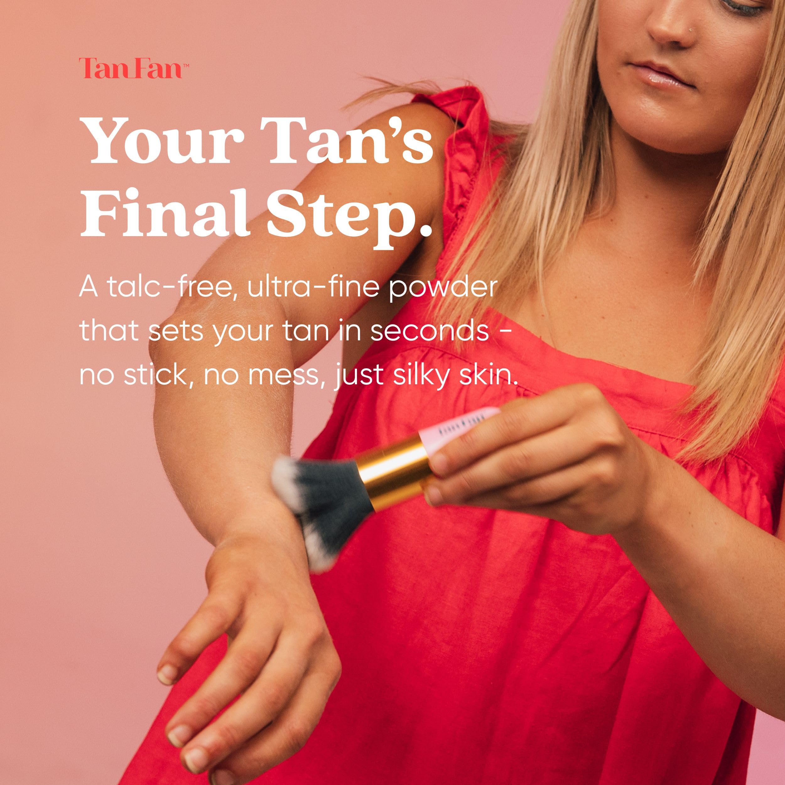 Tan Fan self-tan drying powder shaker demonstrates mess-free application and even finish.