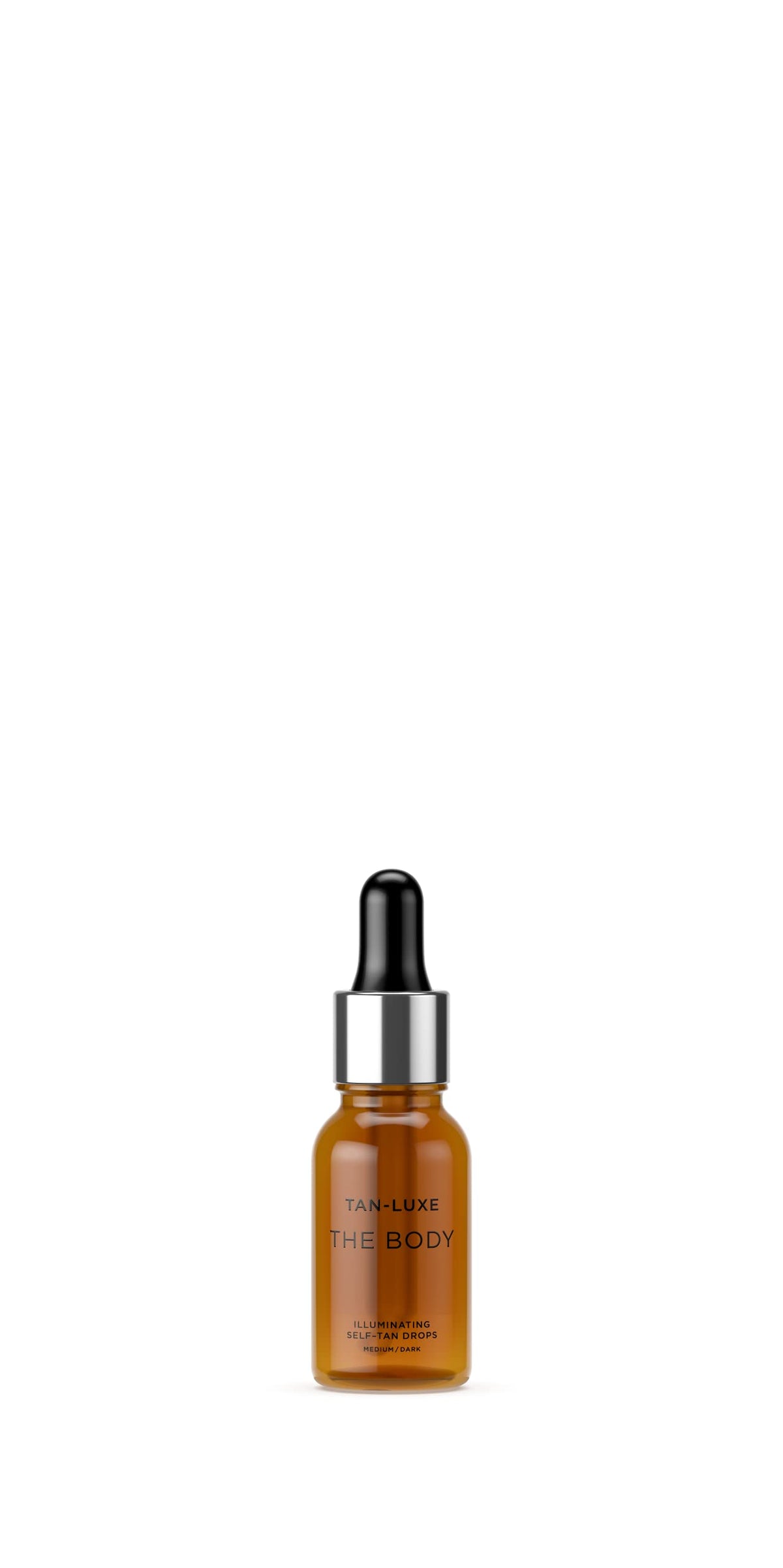 Tan-Luxe The Body Illuminating Drops bottle close-up illustrating vegan self-tanner for natural glow