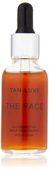Tan-Luxe The Face Illuminating Drops bottle closeup showing customizable glow potential.