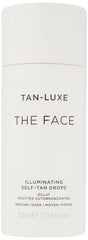 Tan-Luxe The Face Illuminating Drops dropper dispensing precise amount for gradual shade.