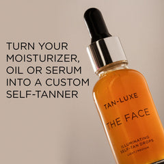 Tan-Luxe The Face Illuminating Self-Tan Drops being mixed with skincare for a tailored tan.