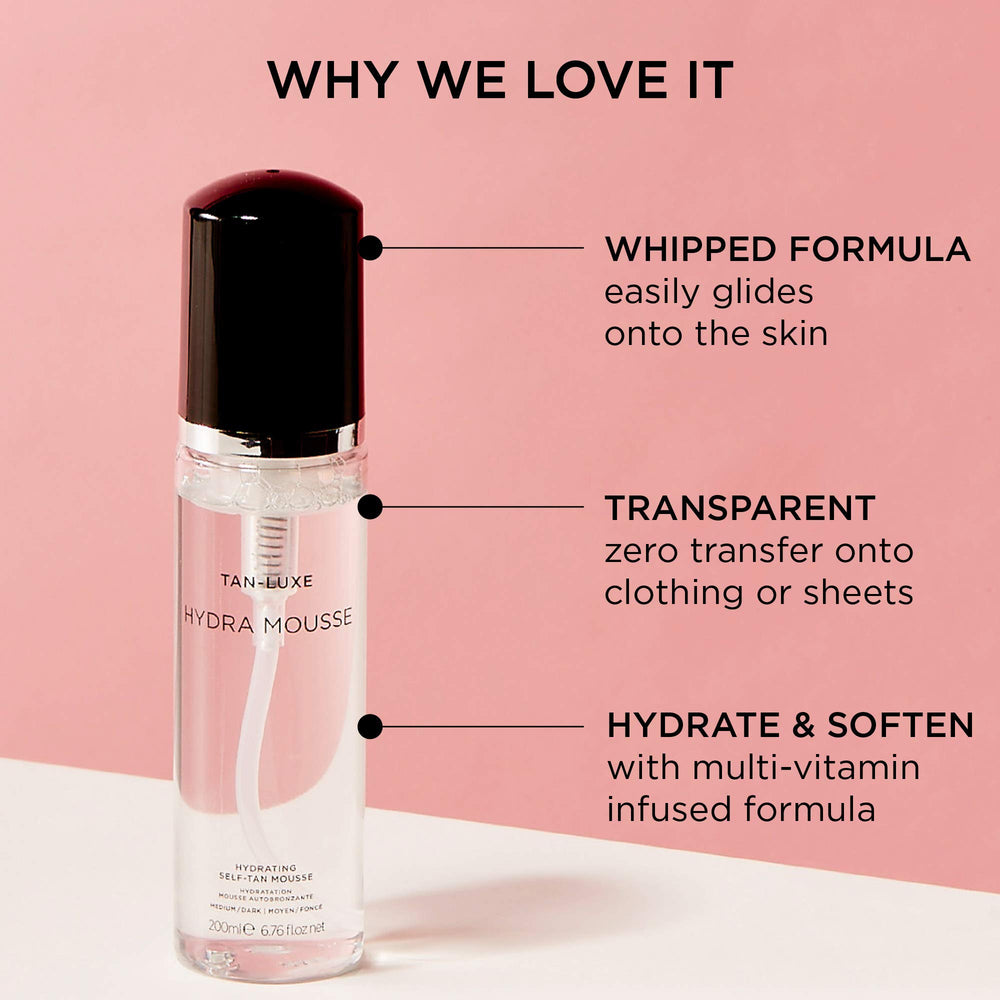 TAN-LUXE Hydra Mousse transparent-formula with no transfer onto sheets.