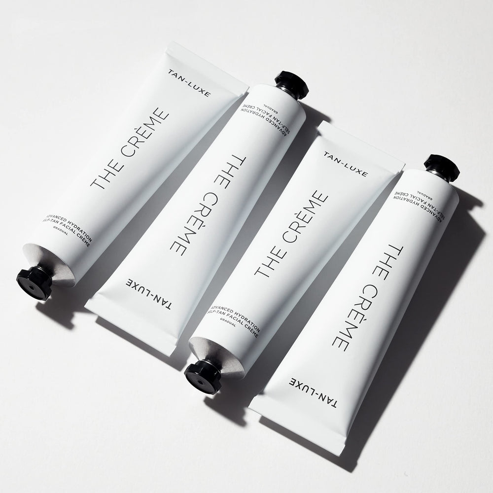 TAN-LUXE The Crème label detail confirms cruelty-free, toxin-free formulation.