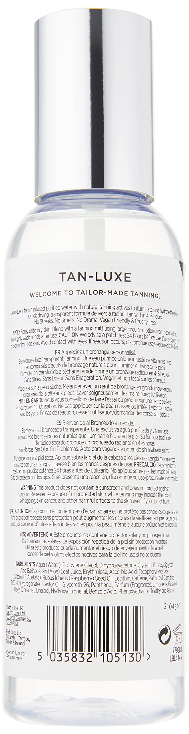 Tan-Luxe The Water crystal-clear mist dispense enables quick, transfer-free application.
