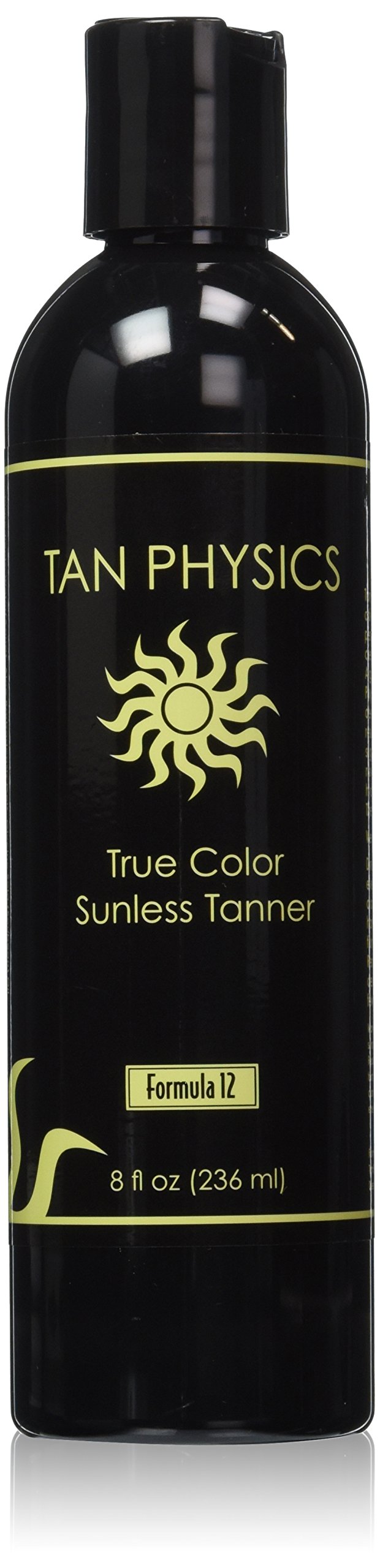 Tan Physics True Color Sunless Tanner bottle shows natural-looking color without sun exposure.