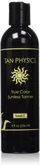 Tan Physics True Color Sunless Tanner bottle shows natural-looking color without sun exposure.