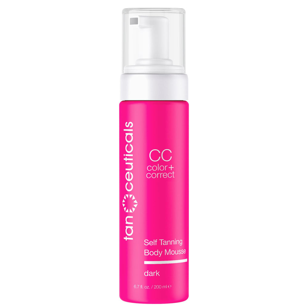 Tanceuticals CC Self Tanning Body Mousse Dark bottle closeup showing streak-free tan