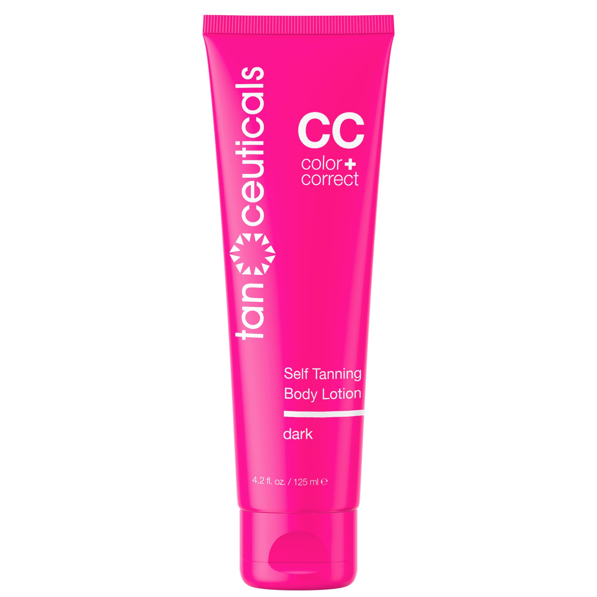 Tanceuticals Dark Self Tanner bottle shows natural sunless tan with even coverage.