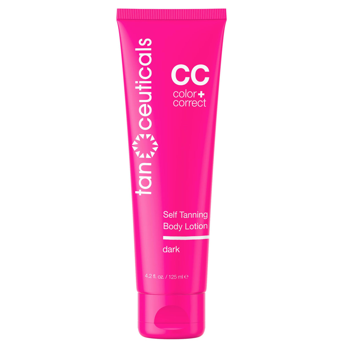Tanceuticals Dark Self Tanner bottle shows natural sunless tan with even coverage.