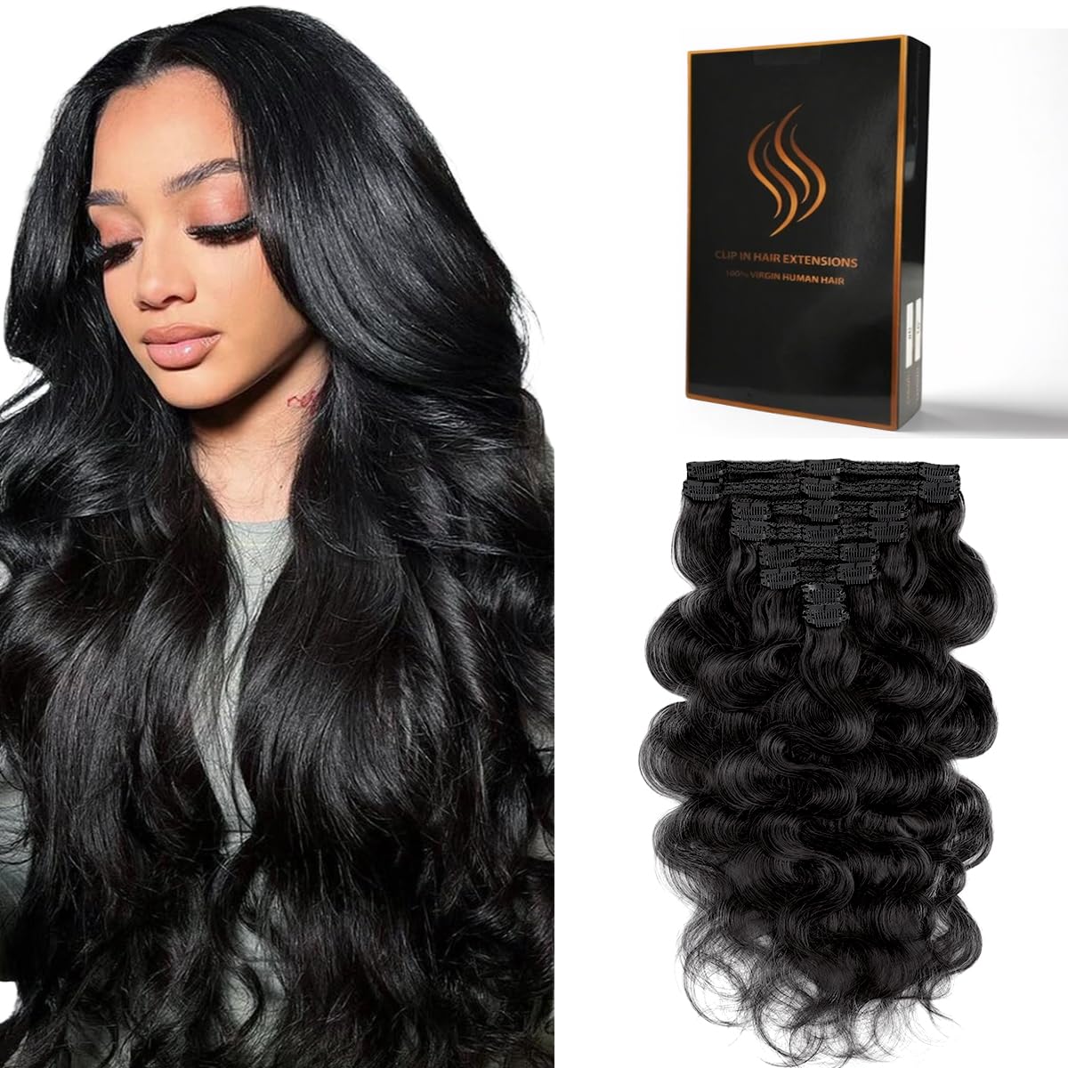 Tandulo clip-in hair extensions in Brazilian Remy body wave 16-inch for instant volume