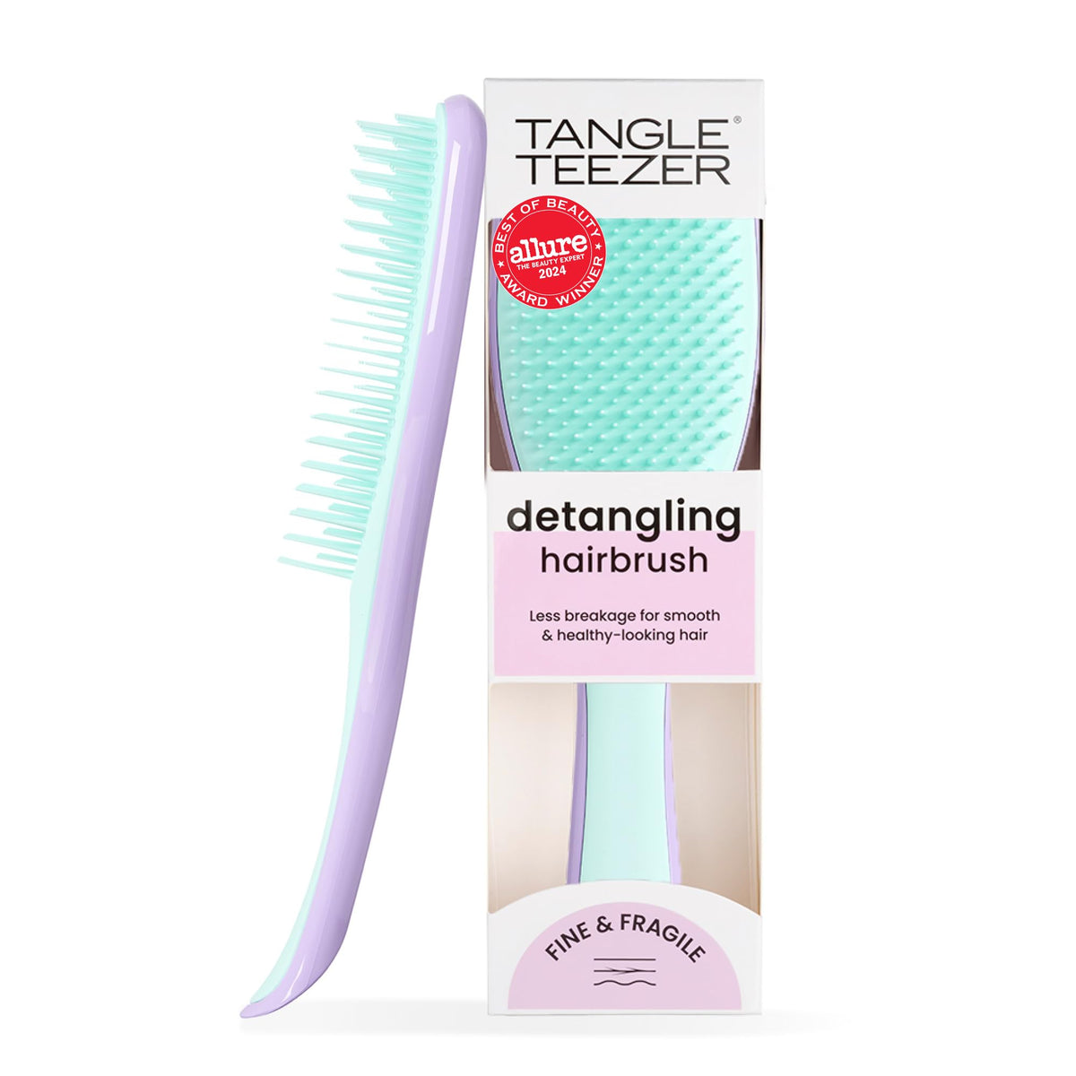 Tangle Teezer Fine & Fragile detangler close-up with lilac-mint bristles for gentle detangling on fragile hair