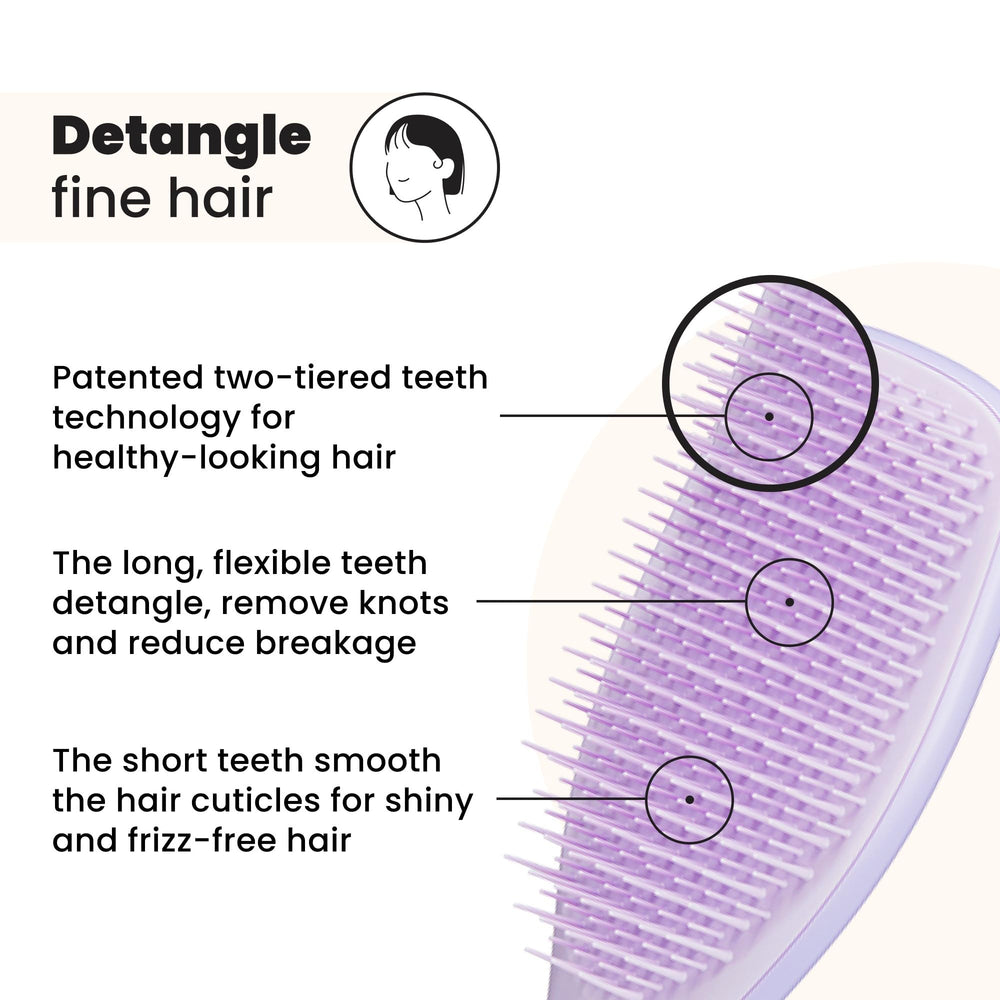 Tangle Teezer Fine & Fragile Ultimate Detangler teeth close-up showing two-tiered design for gentle detangling.