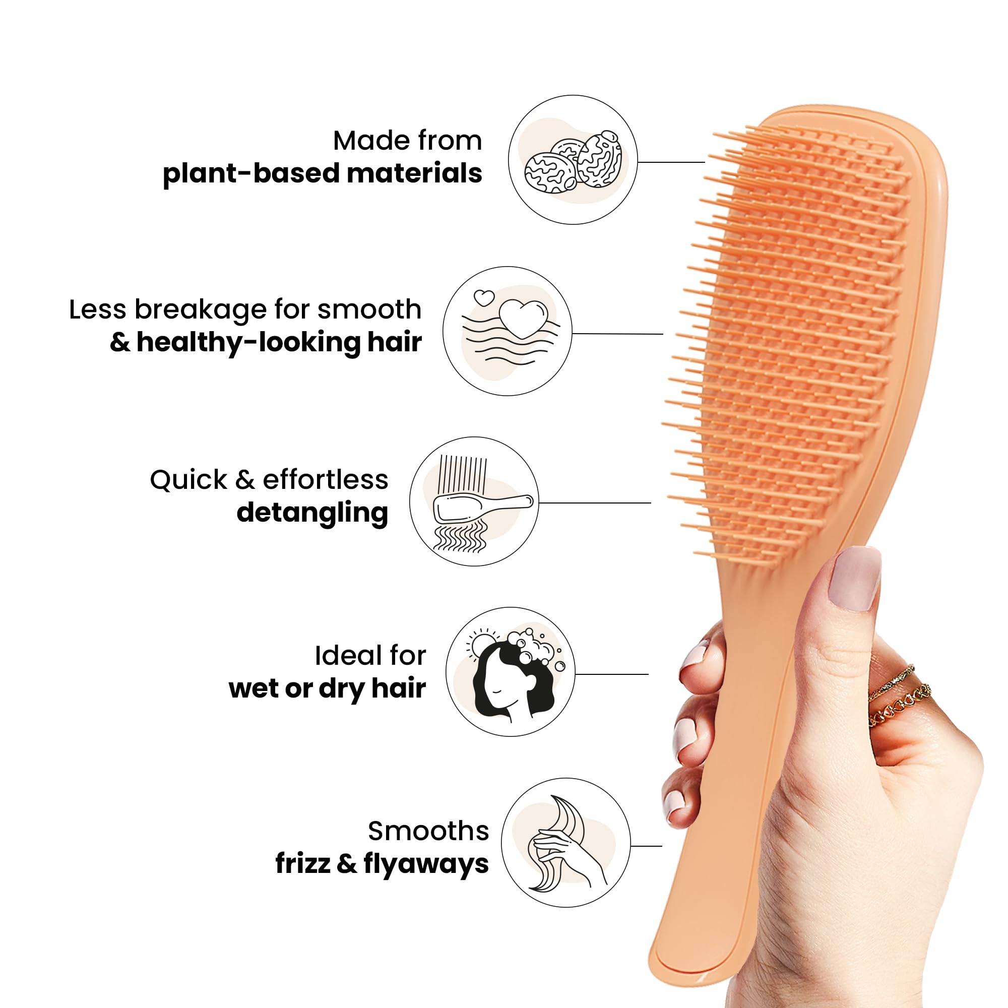 Tangle Teezer Frizz-Free Shine closeup highlights smooth short teeth gliding through hair