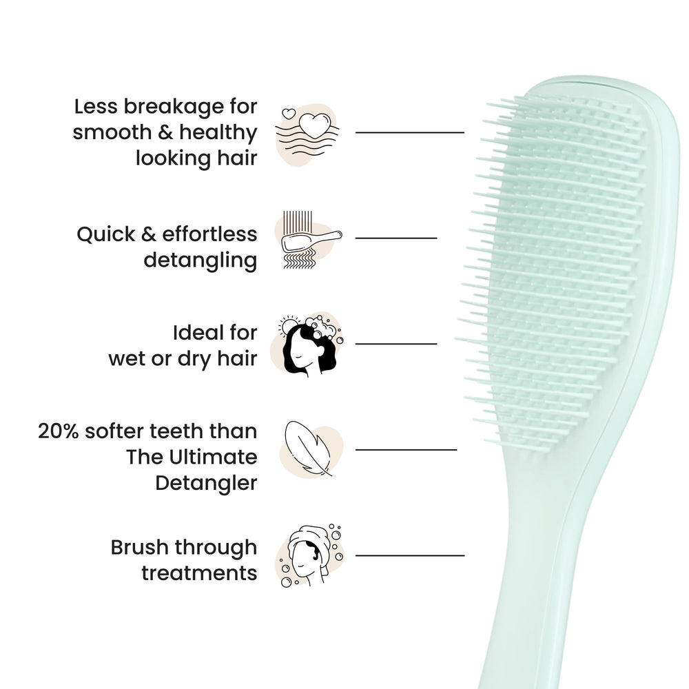 Tangle Teezer long-flex teeth detangling closeup emphasizes knot removal.