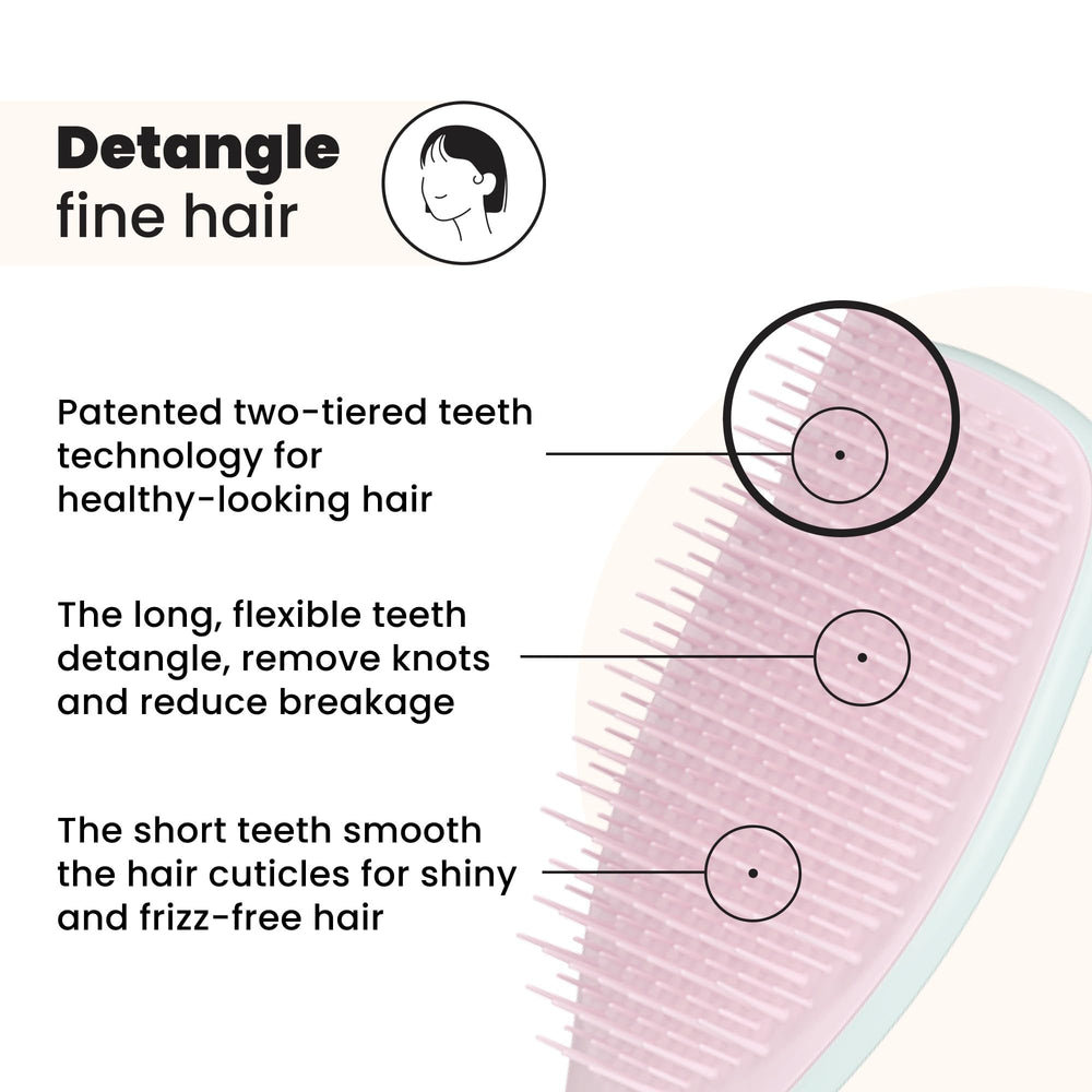 Tangle Teezer marshmallow pink and mint brush in hand for smooth, dried hair