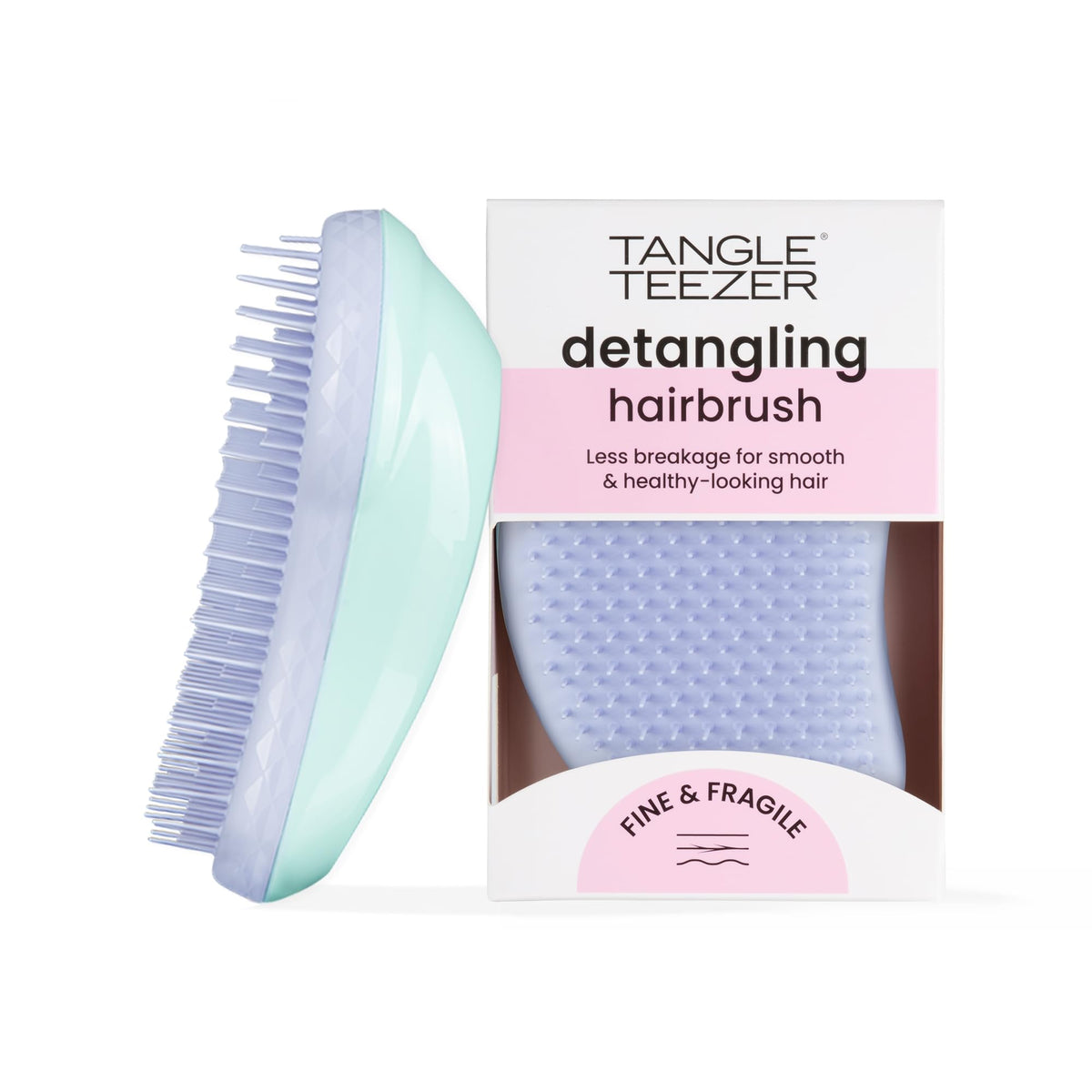 Tangle Teezer Original Detangler Mint Violet closeup highlighting soft-flex teeth for delicate hair