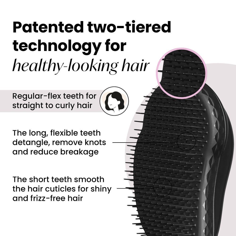 Tangle Teezer Original Detangler Panther Black side view emphasizes palm-friendly grip for quick detangling