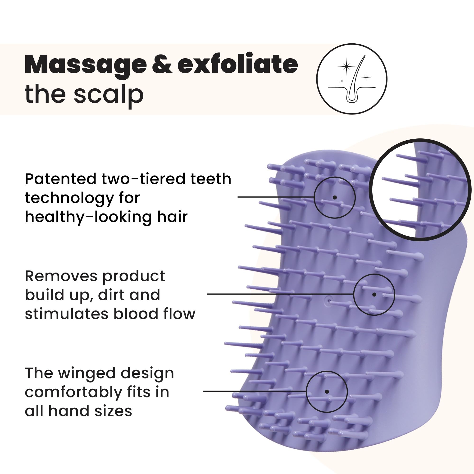 Tangle Teezer brush shows dual teeth design for exfoliation and relaxing scalp massage