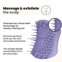 Tangle Teezer brush shows dual teeth design for exfoliation and relaxing scalp massage