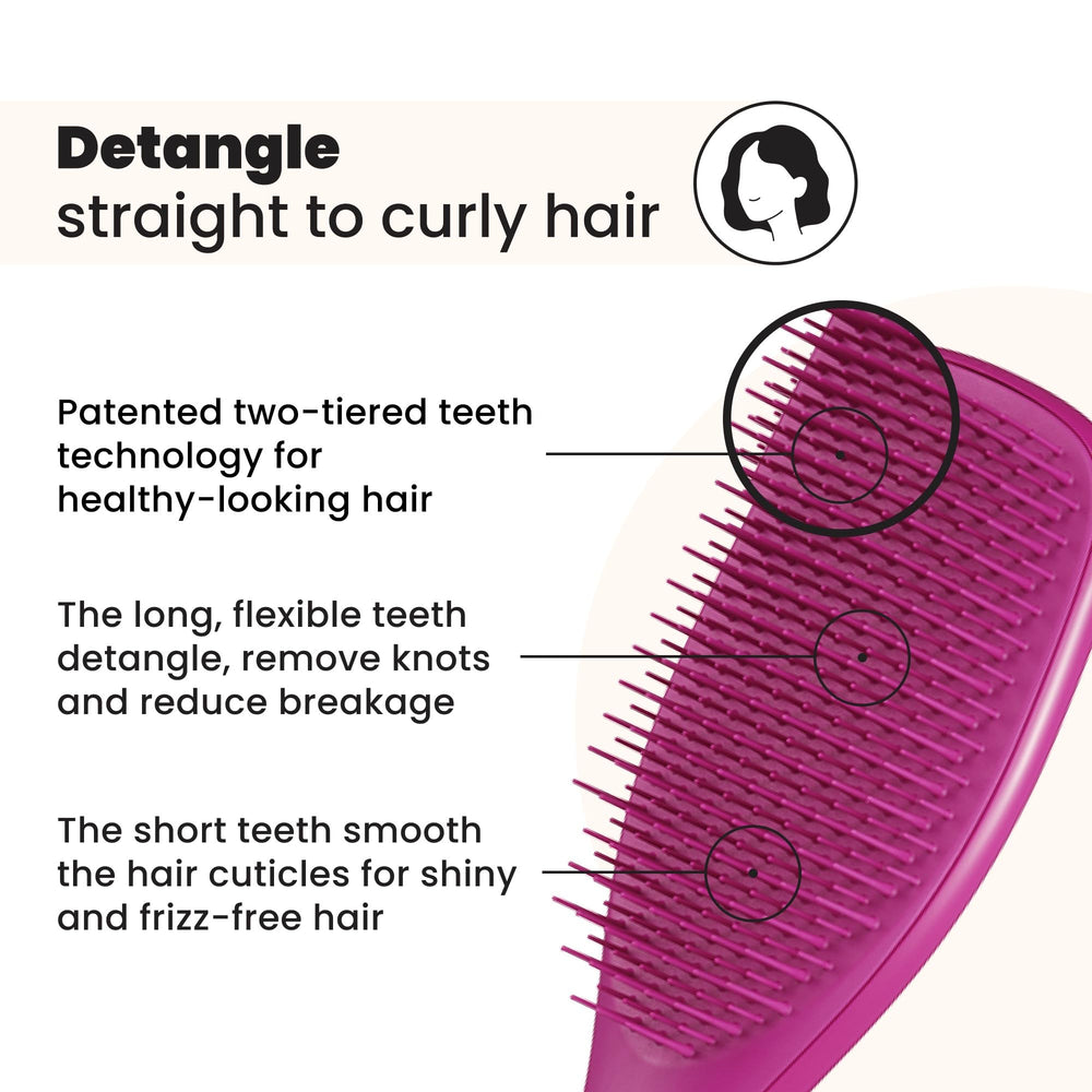 Tangle Teezer two-tier teeth technology close-up shows knot detangling with minimal pull