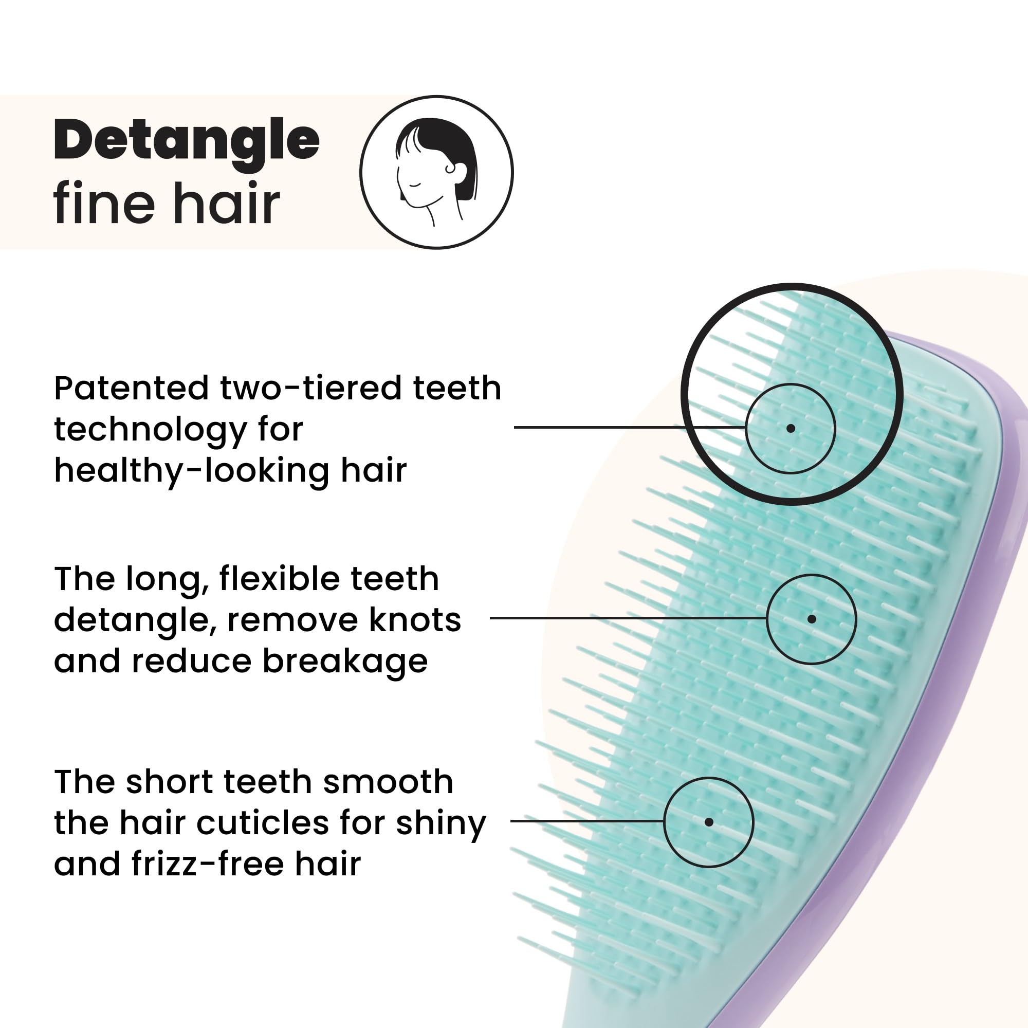 Tangle Teezer two-tier teeth technology close-up showing detangling and smoothing action to reduce breakage