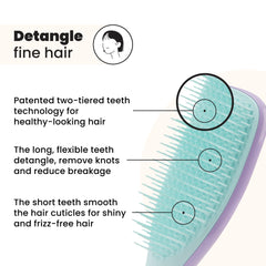 Tangle Teezer two-tier teeth technology close-up showing detangling and smoothing action to reduce breakage