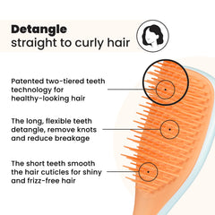Tangle Teezer Ultimate Detangler in ice blue demonstrates compact travel design for quick detangling.