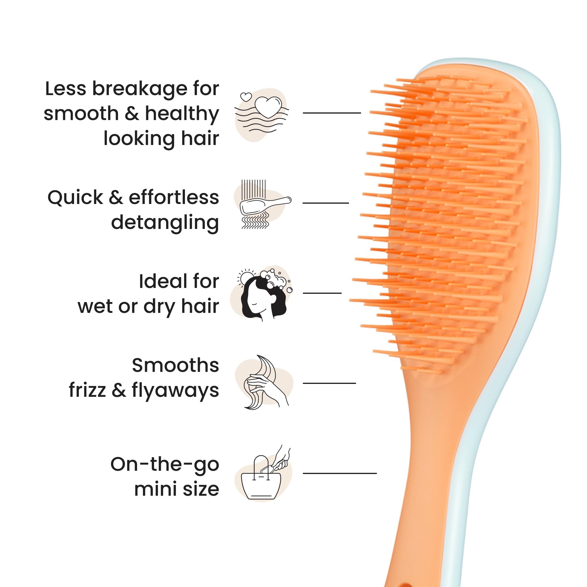 Tangle Teezer two-tier teeth technology close-up shows long teeth detangling knots gently.