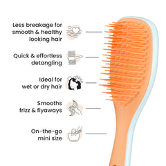 Tangle Teezer two-tier teeth technology close-up shows long teeth detangling knots gently.