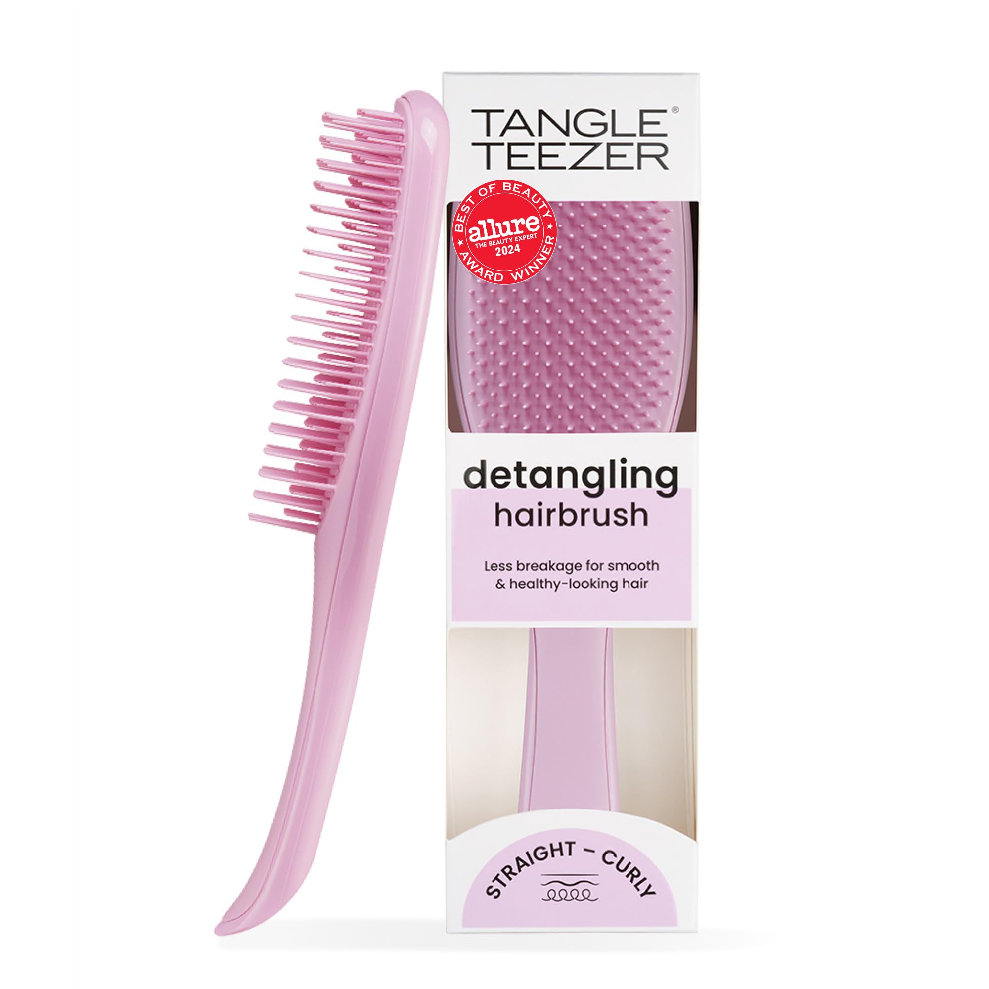 Tangle Teezer Ultimate Detangler Rosebud packshot demonstrates knot-free detangling in one stroke.