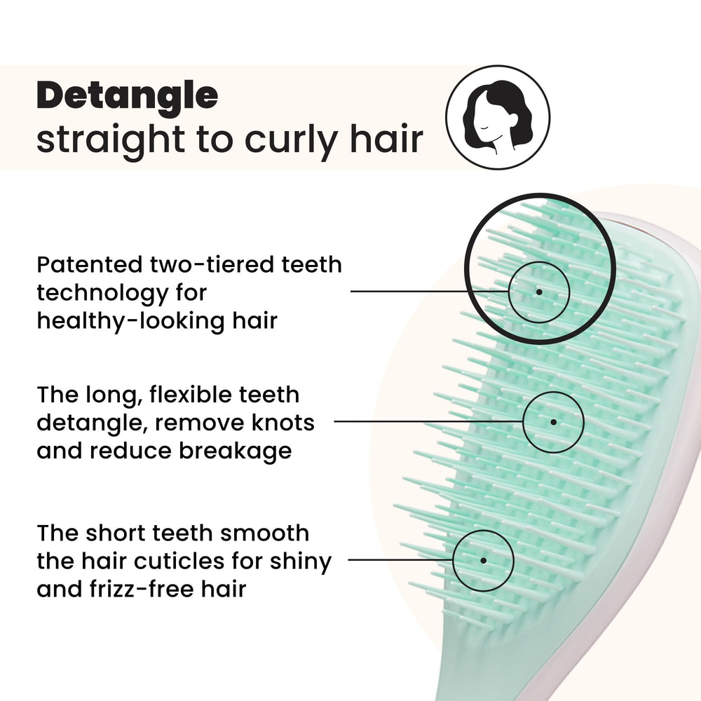 Tangle Teezer Ultimate Detangler teeth close-up highlights two-tiered teeth for gentle knot removal.