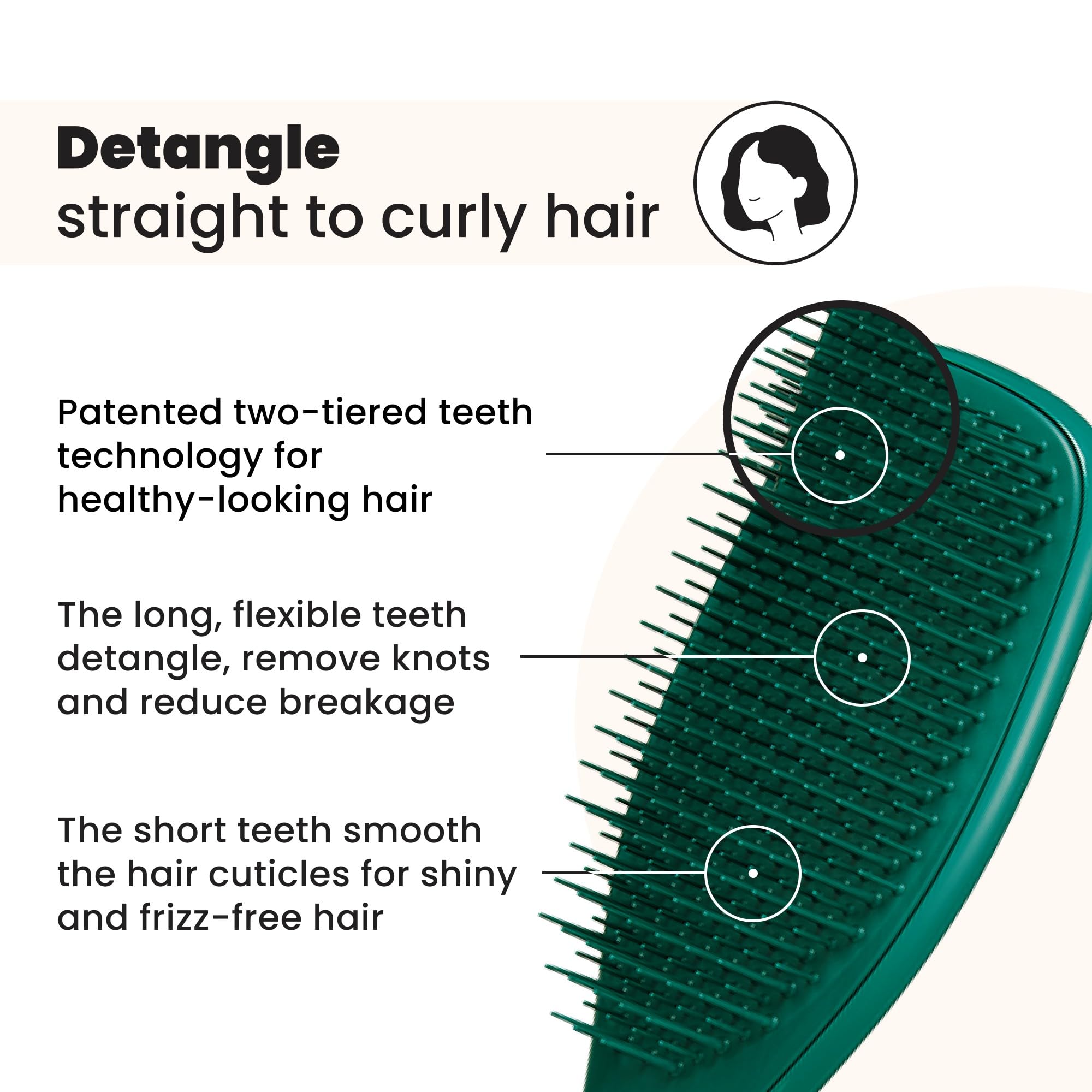 Tangle Teezer Ultimate Detangler two-tier teeth close-up for knot removal and smoothing.