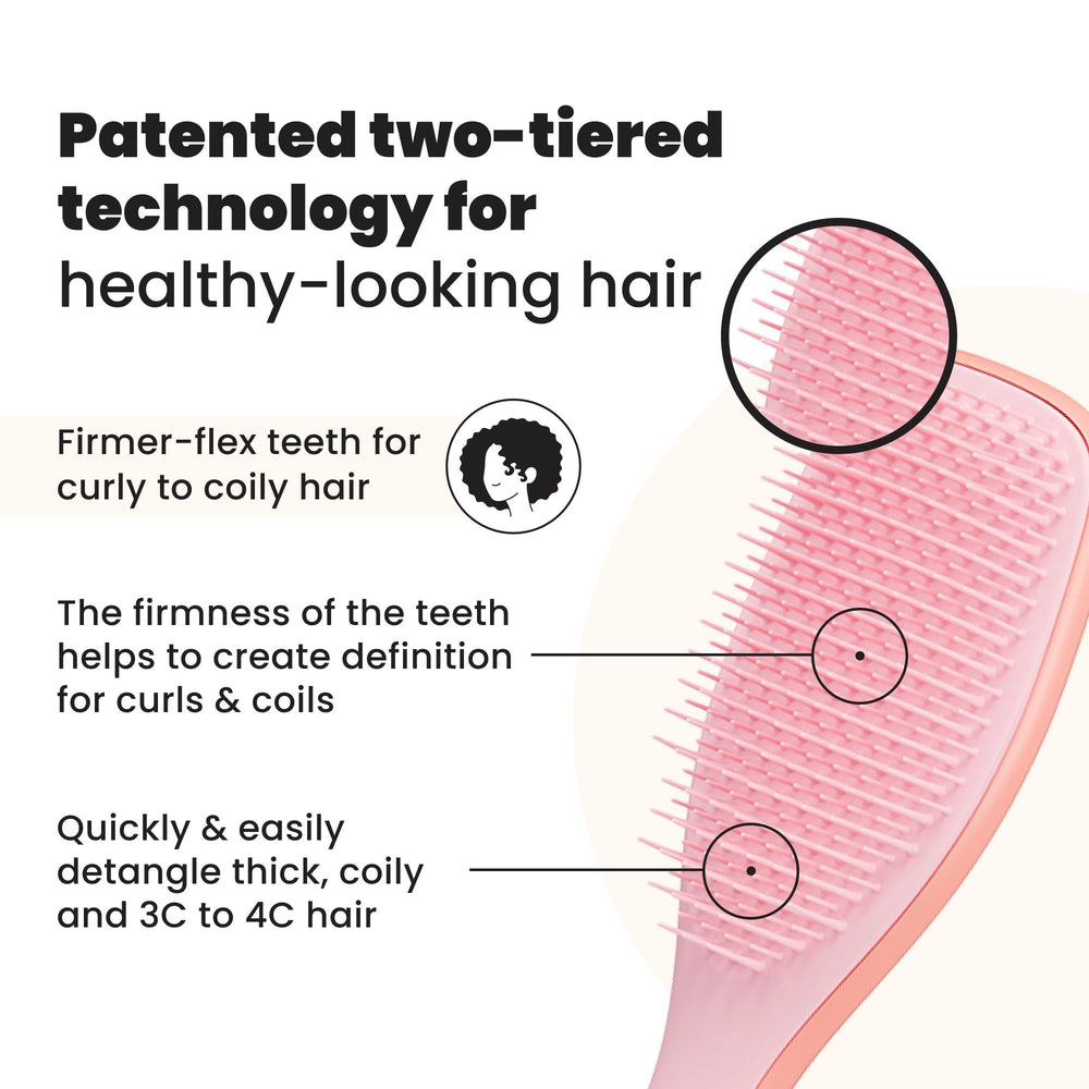 Tangle Teezer two-tier teeth close-up shows longer teeth for detangling curls.