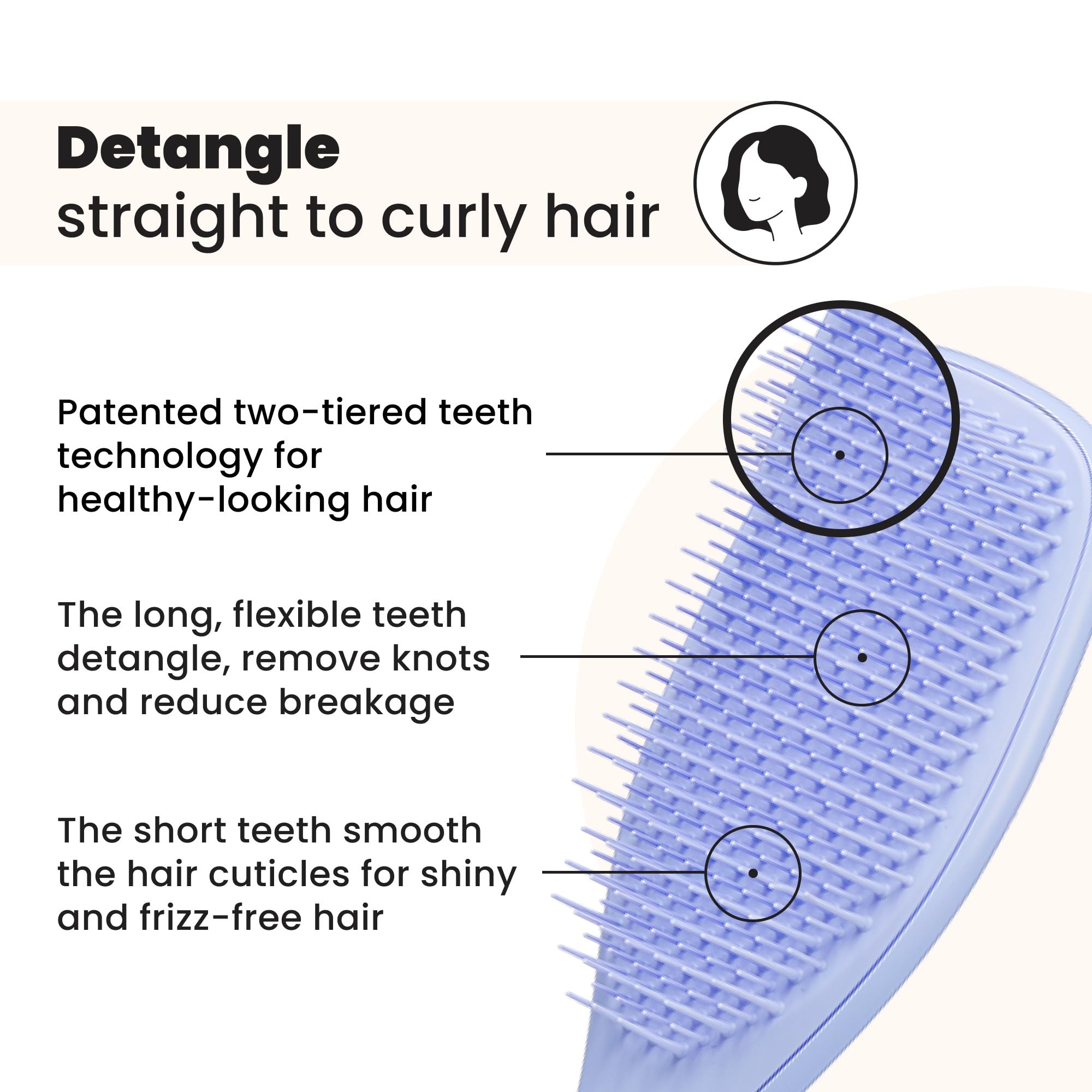 Tangle Teezer two-tier-teeth detangler smooths strands after detangling.