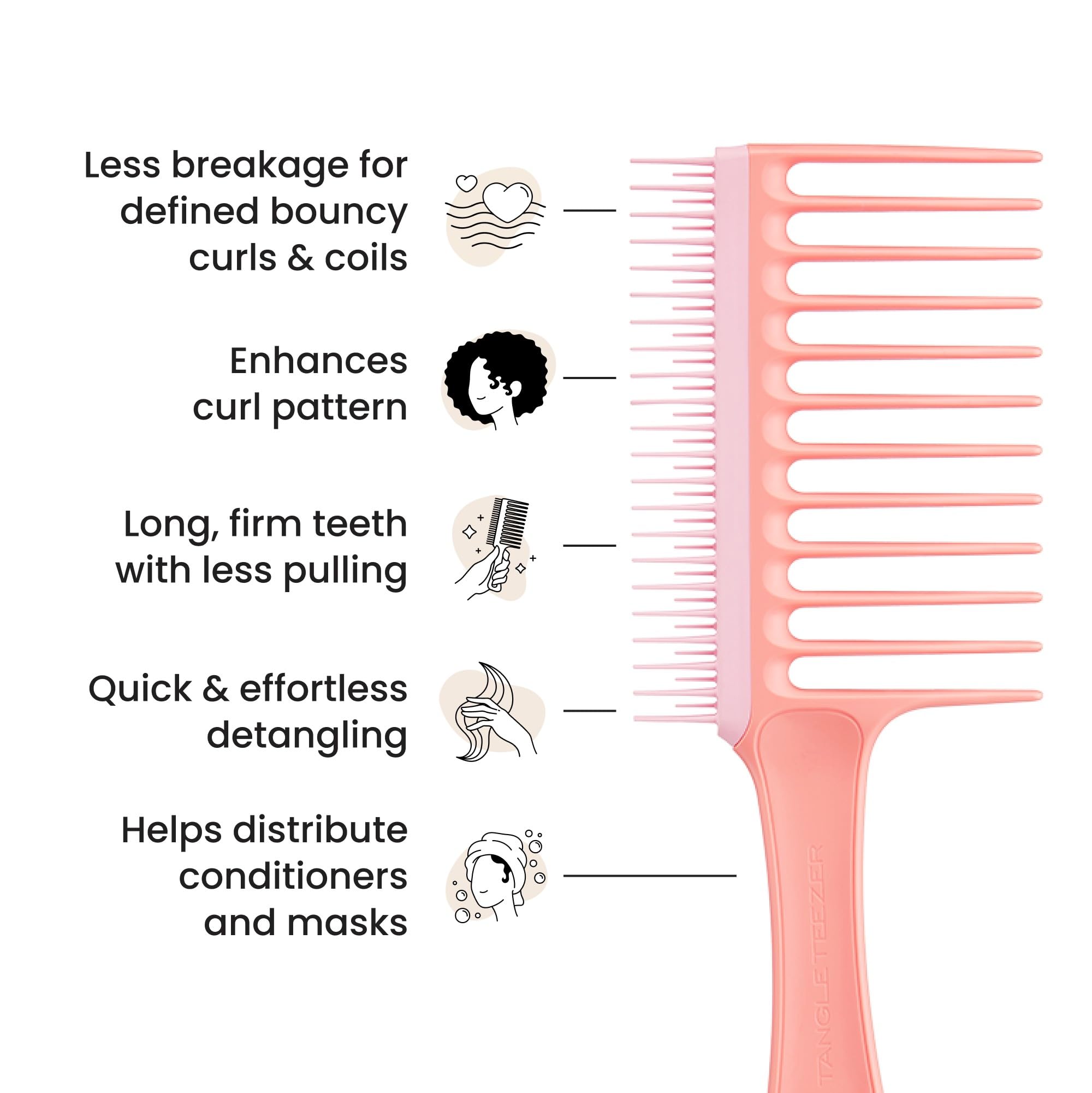 Tangle Teezer Wide Tooth Comb Peach soft rounded tips protect scalp during detangling.
